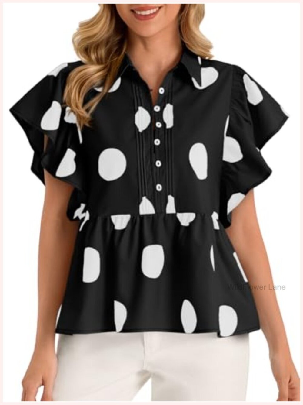 Women's Polka Dot Babydoll Peplum Blouse Ruffle Cap Sleeve Flowy Top